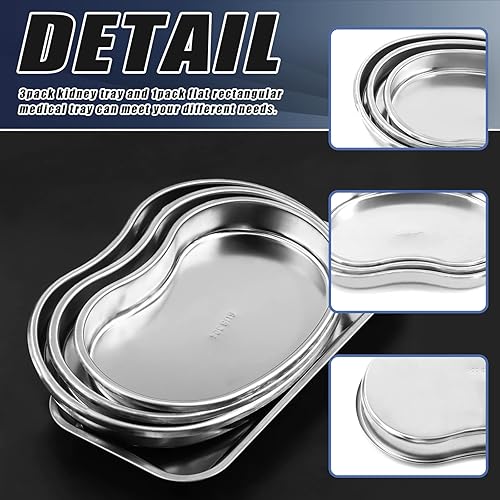 Miniatura 4 de Glarks Paquete de 4 bandejas de riñón de acero inoxidable 304 de 8.5 pulgadas, 7.9 pulgadas, 7.1 pulgadas, bandeja de riñón reutilizable de metal
