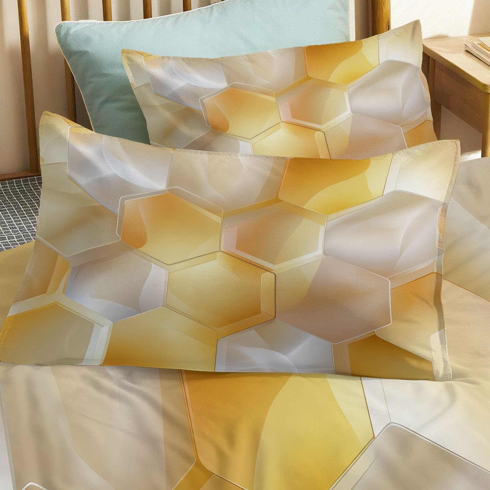Nowoczesna abstrakcyjna geometryczna poszwa na kołdrę z mikrofibry szczotkowana poliester, zestaw pościeli 140 x 200 cm, hipoalergiczny, odporny na zmarszczki, miękki, lekki łatwy w pielęgnacji Żółty