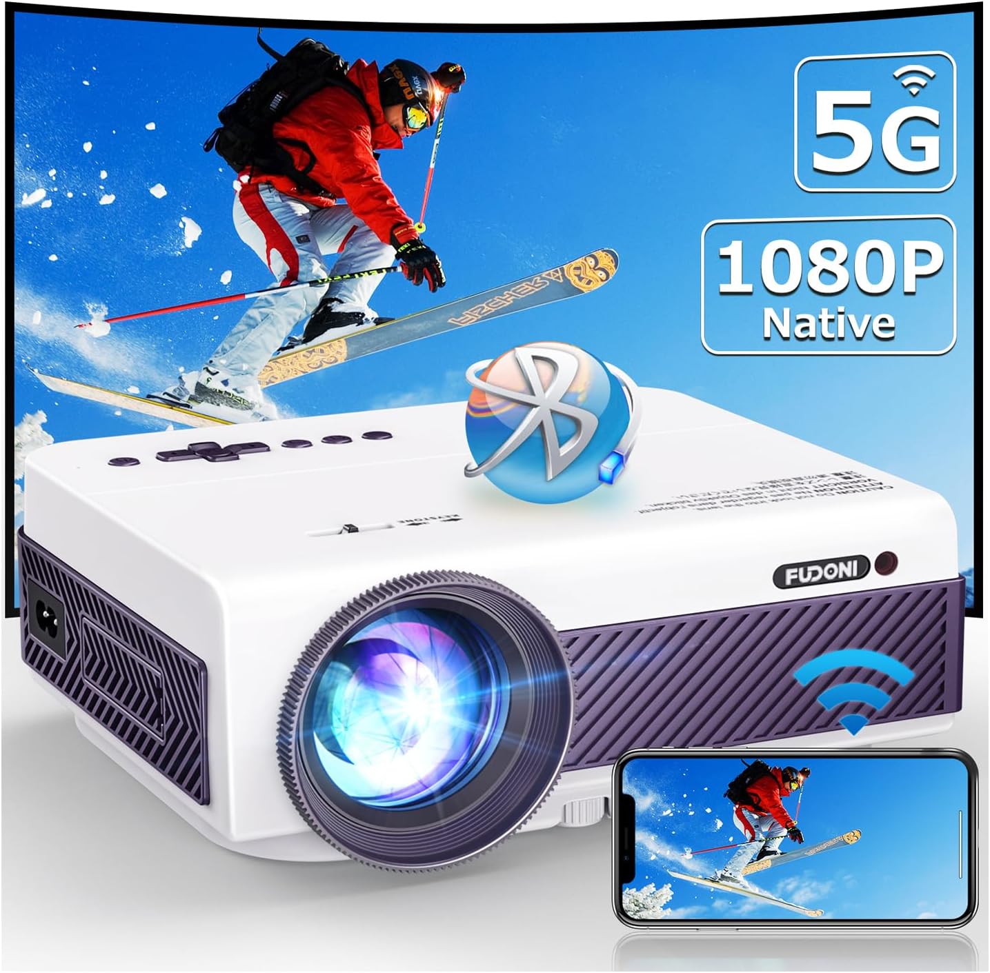 FUDONI Proiettore WiFi Bluetooth Nativo 1080P - Supporto 4K, 15000 Lumen, Max 300 Pollici - Portatile Per Interni/Esterni