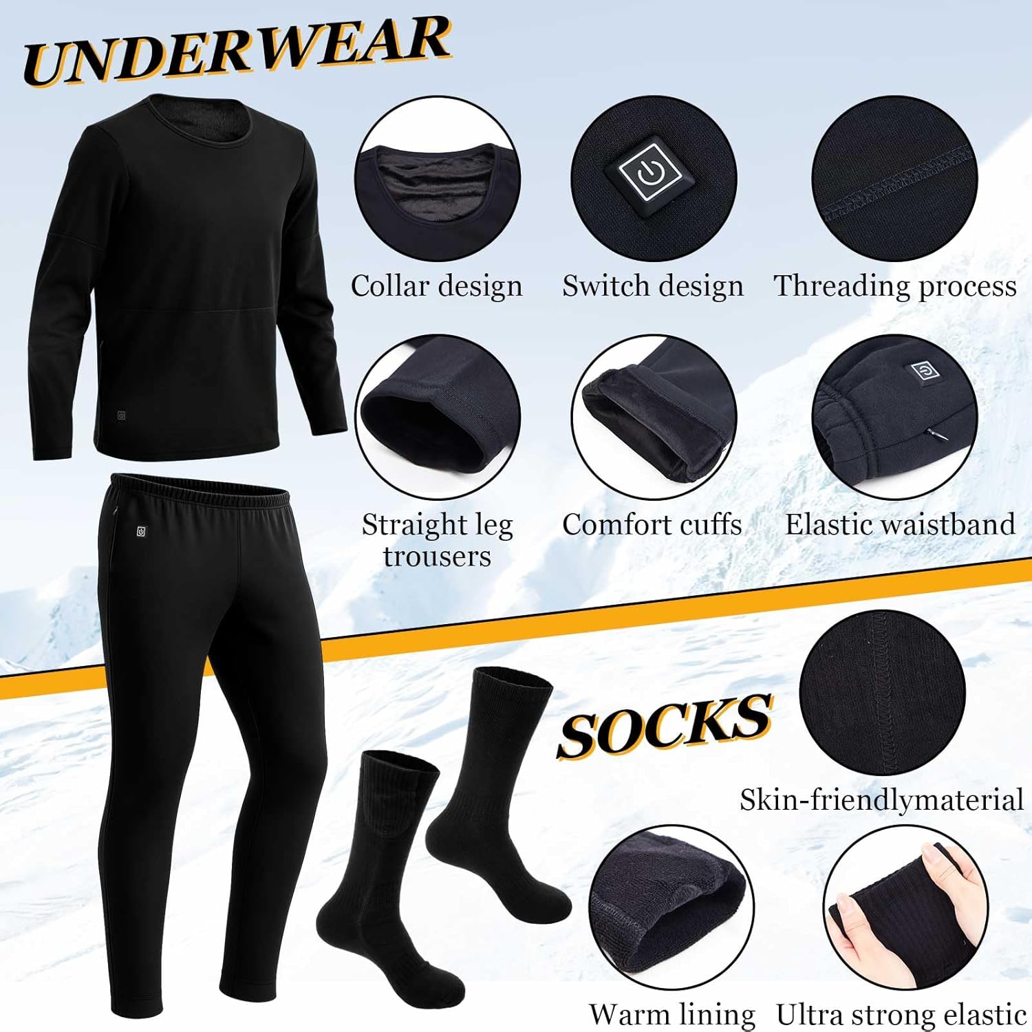 Heated Thermal Underwear and Socks Set USB Heated Thermals Top Pants Set Winter Outdoor - Image 2