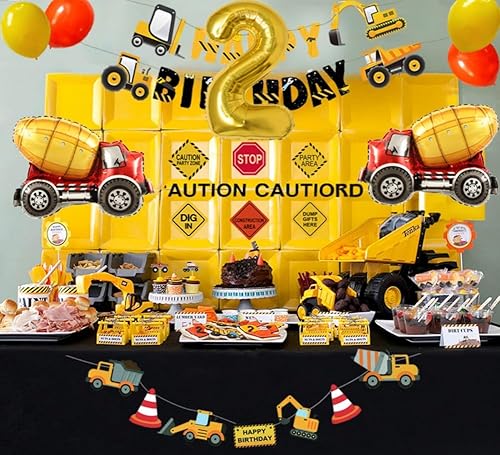 Miniatura 4 de Suministros de fiesta de 2 cumpleaños de construcción, kit de decoración de fiesta de camión volquete para niños de dos años de cumpleaños con