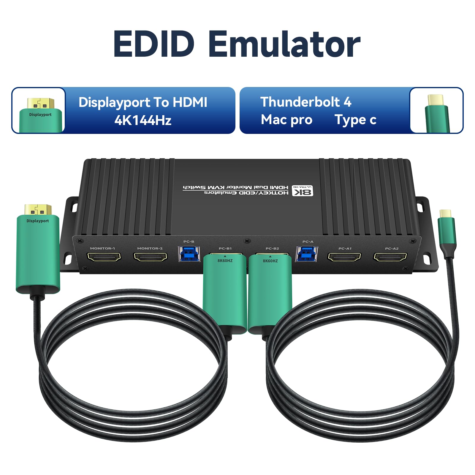 Commutateur Kvm 2 moniteurs 2 ordinateurs HDMI Edid 4K 144Hz Commutateur de raccourci double moniteur Commutateurs kvm 2 cmputers 1440p 120Hz 144hz 165hz FreeSync G-SYNC (kvm edid hdmi 2 x 2)