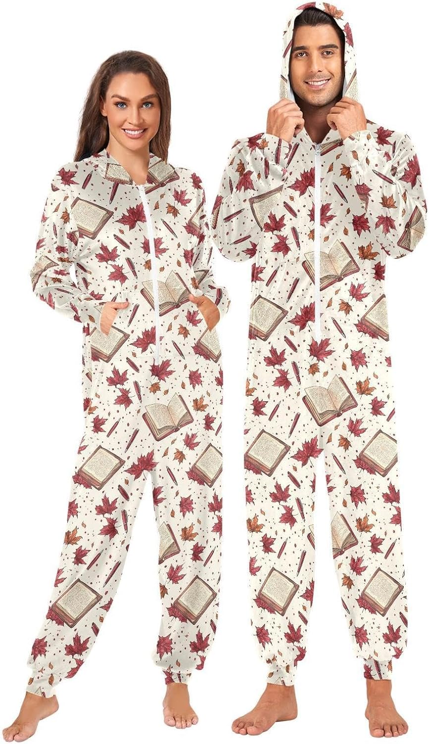 ZZKKO Maple Leaves and Book Pen Adult Onesie Pajamas for Women Men Cozy One Piece Pajamas Costume Zip-Up Hooded S-XL
