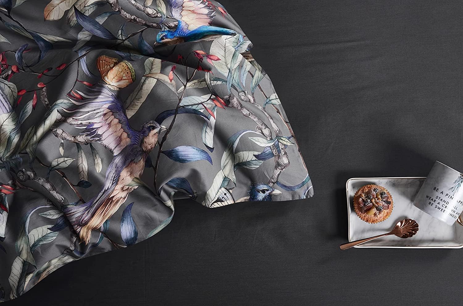 Eikei Home Chinoiserie Chic Peacock Floral Duvet Cover Paradise Garden Botanical Bird and Tree Branches Vintage Stylized Long Staple Cotton Bedding Set (Gray, Oversized King)