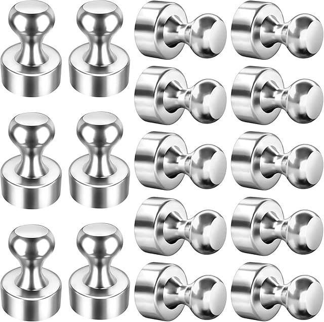 Strong Magnet, 16 Pack 12 x 16 mm Silver Neodymium Magnets Push Pins, Fridge Magnets, Whiteboard Magnets, Magnetic Thumb Tacks, Magnets for Fridge, Magnets for Whiteboard, Photo, Map, Office, DIY