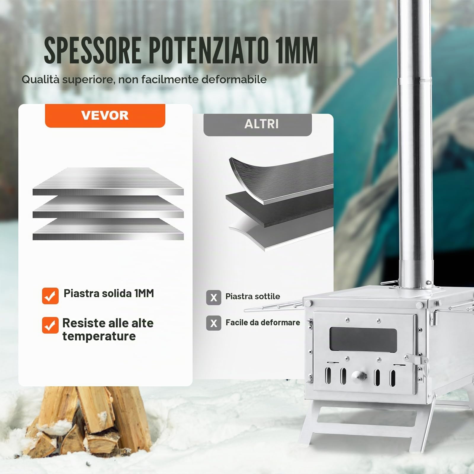 VEVOR Stufa a Legna, 80 pollici, Stufa per Tenda da Campeggio in Acciaio Inox, Stufa a Tenda Calda con focolare da 700 pollici³ per Cucinare all'aperto e Riscaldamento con 8 Tubi