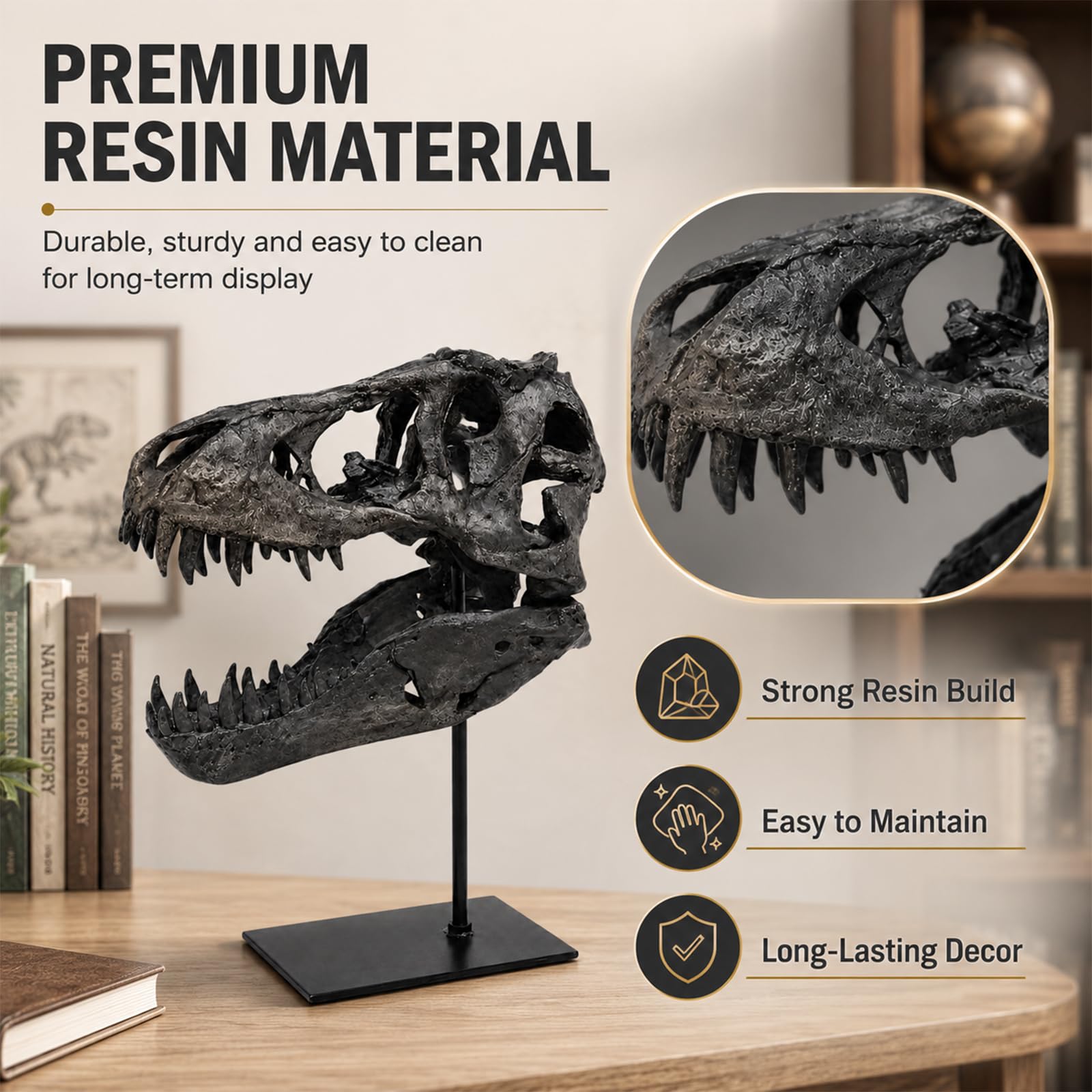 Statua a forma di teschio di dinosauro, in resina con supporto, supporto per sculture di dinosauro, per la decorazione della casa e dell'ufficio, 24 x 14 x 31 cm