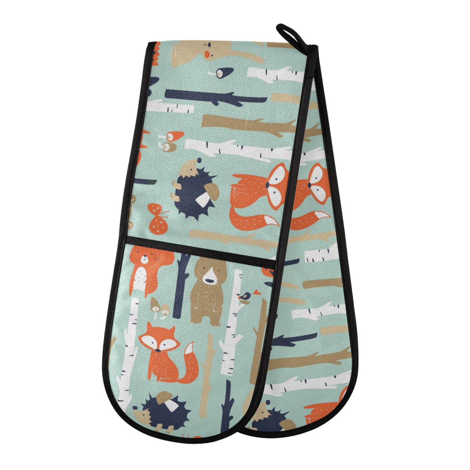 Youjuner Colour 78 Double Oven Glove Cute Animal Fox Bear Squirrel Heat Resistant Double Ovens Mitt Modern Cooking Gloves Potholders