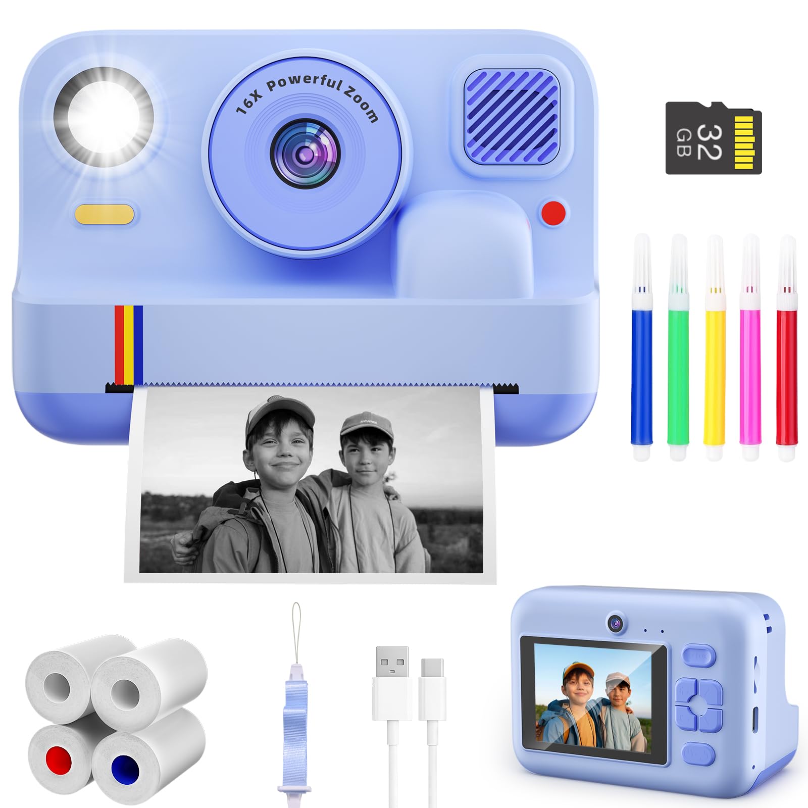 Instant Print Camera for Kids, App Printing, 1080P Video, Dual-Lens Selfie Digital Camera with 32G SD, Christmas Birthday Gifts for Girls Boys 4 5 6 7