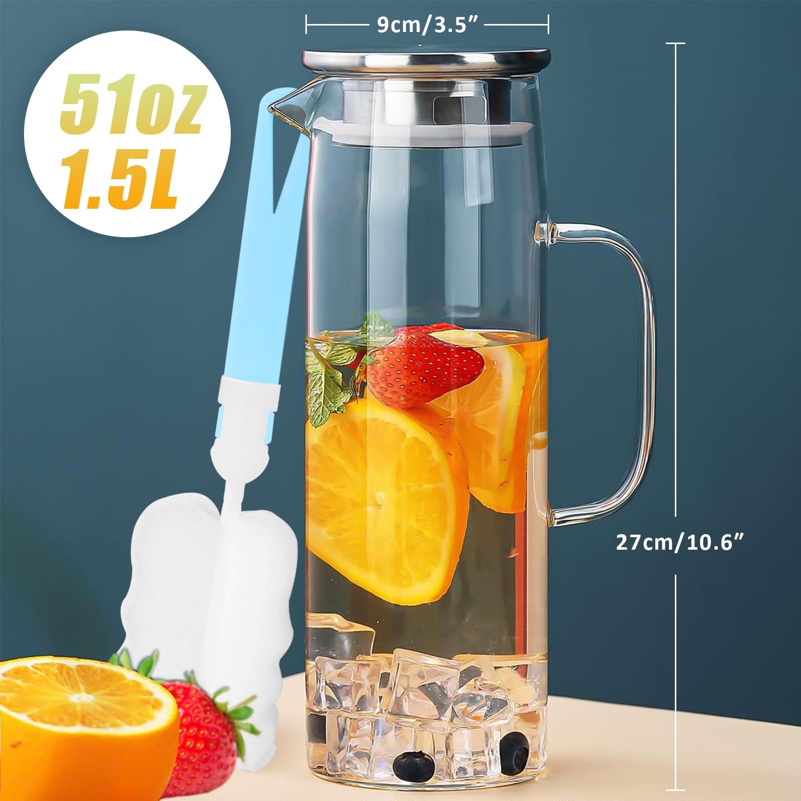 Caraffa in Vetro 1,5 Litre Trasparente e resistente calore borraccia in vetro borosilicato, per acqua calda e fredda, il tè freddo, vino, caffè, latte e succo