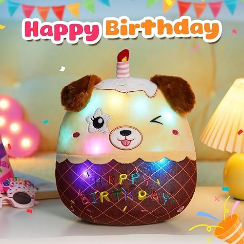 Miniatura 8 de Almohada de felpa suave de 14 pulgadas con diseño de pastel de cumpleaños para perro, lindo animal de peluche con forma de estrella y guiño,