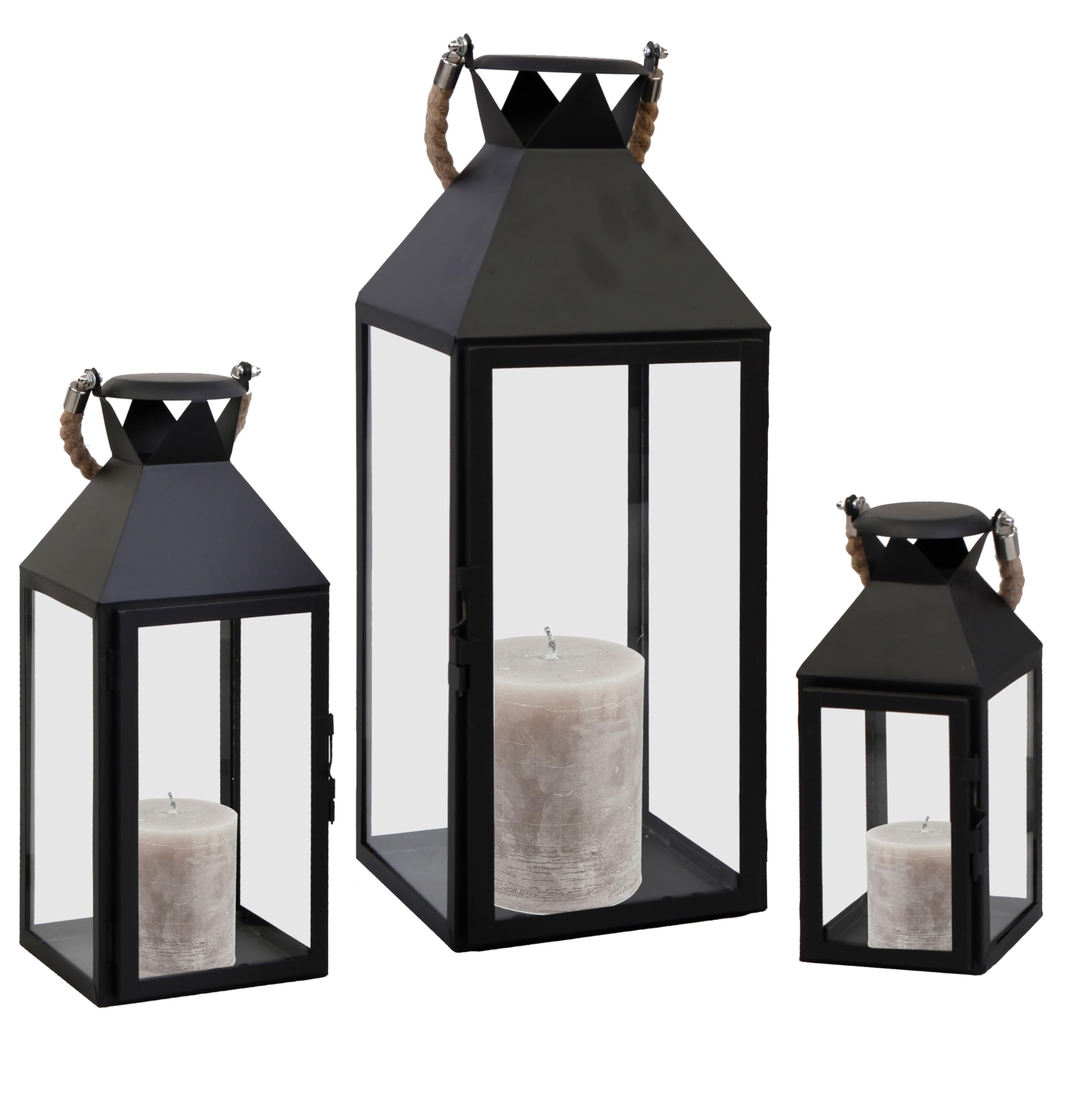 Mojawo® Lot de 3 lanternes de jardin XXL en métal - Hauteur : 25/40/51 cm - Avec poignée en corde - Noir
