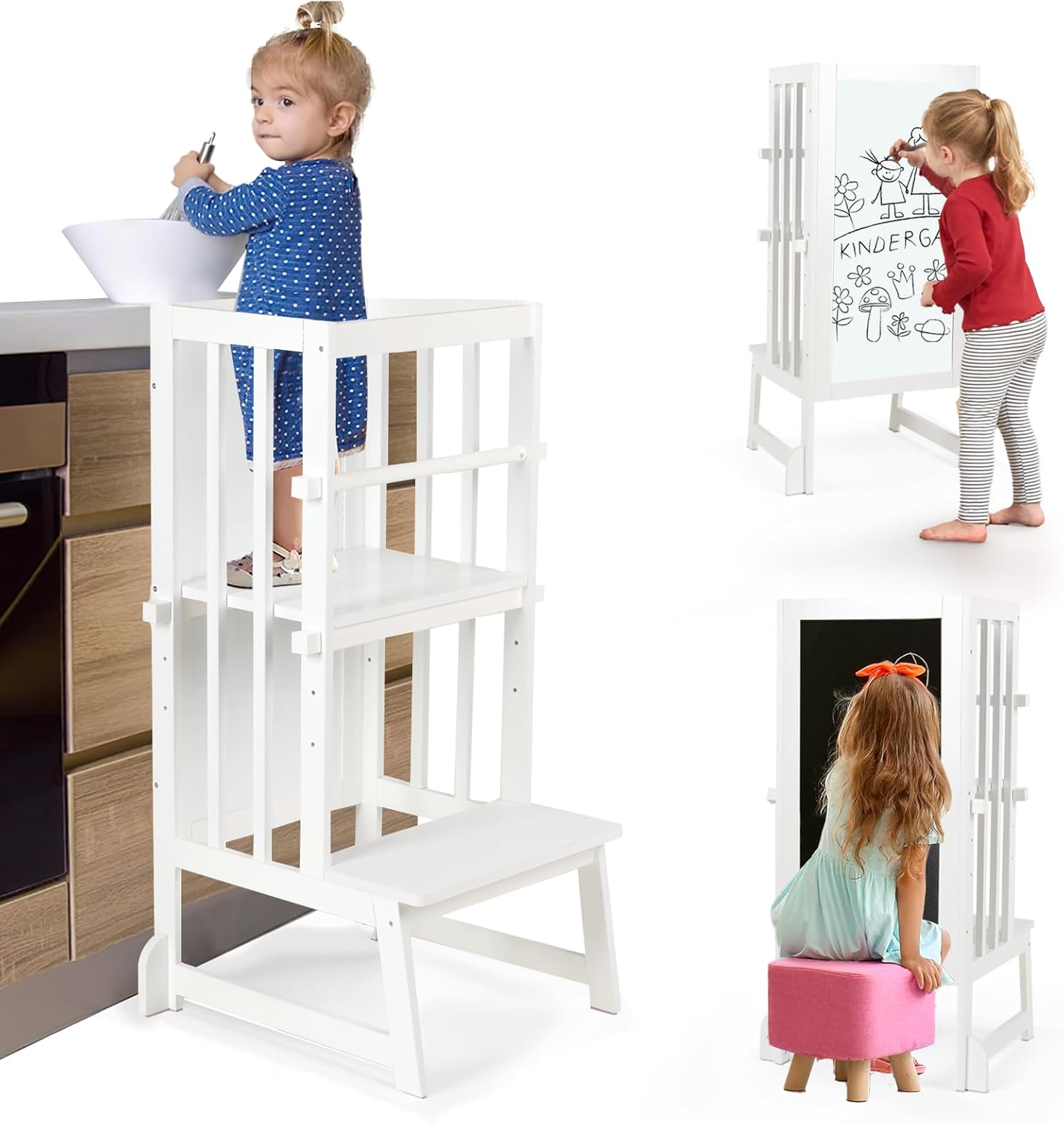 3 Height Adjustable Kids Step Stool, A-Shaped Structure Kids Standing Tower, Wooden Toddler Tower, Kids Standing Tower Aged 18-36 Months,with Safe Fences,Anti-Slip Pads Suit in Kitchen/Bathroom,White
