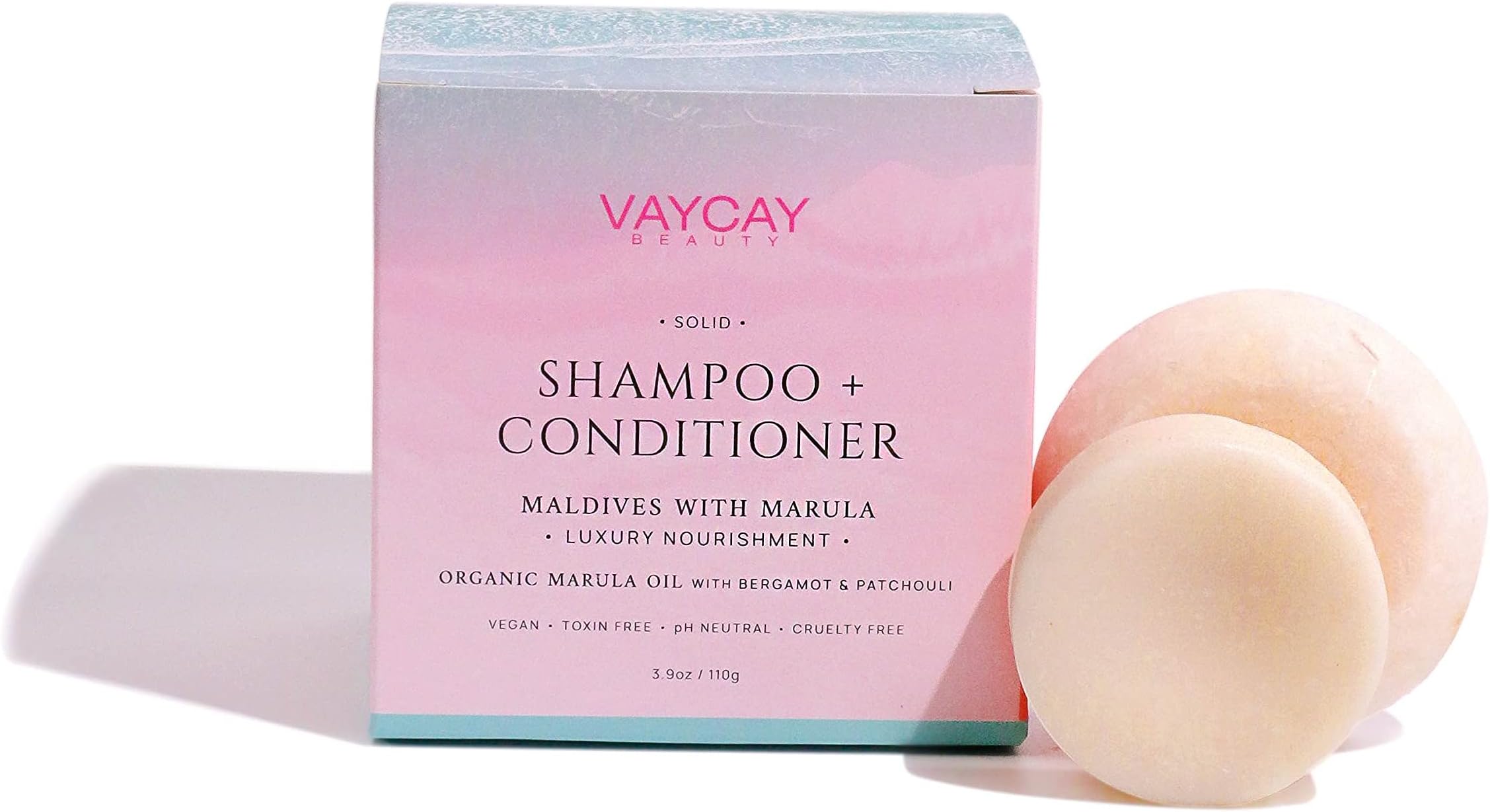 Luxury Shampoo & Conditioner Bar Set 'Maldives' with Organic Marula Oil, Bergamot & Patchouli oils Hydration, Made in USA, Travel-Friendly, Zero Waste & Vegan Full Size 3.9oz