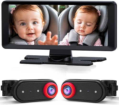LUCKVIEW BM5PRO Dual Baby Car Camera with 7.2" Split Screen Monitor | HD 1080P, Automatic Night Vision, Adjustbale Brightness, 2 Cameras for Rear Facing Seat, 360 Degree Headrest Mount (Red)