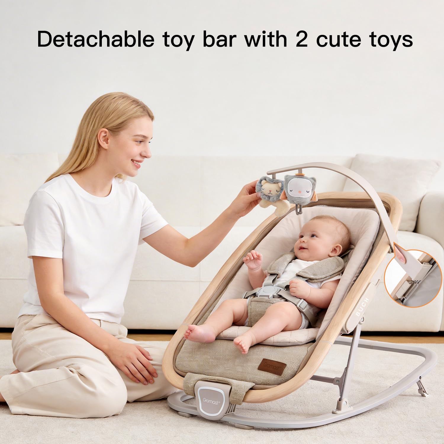 Gromast Sedia a dondolo 2 in 1 per neonati, dondolo portatile con 3 posizioni di reclinazione, giocattoli da appendere e borsa da viaggio - Beige