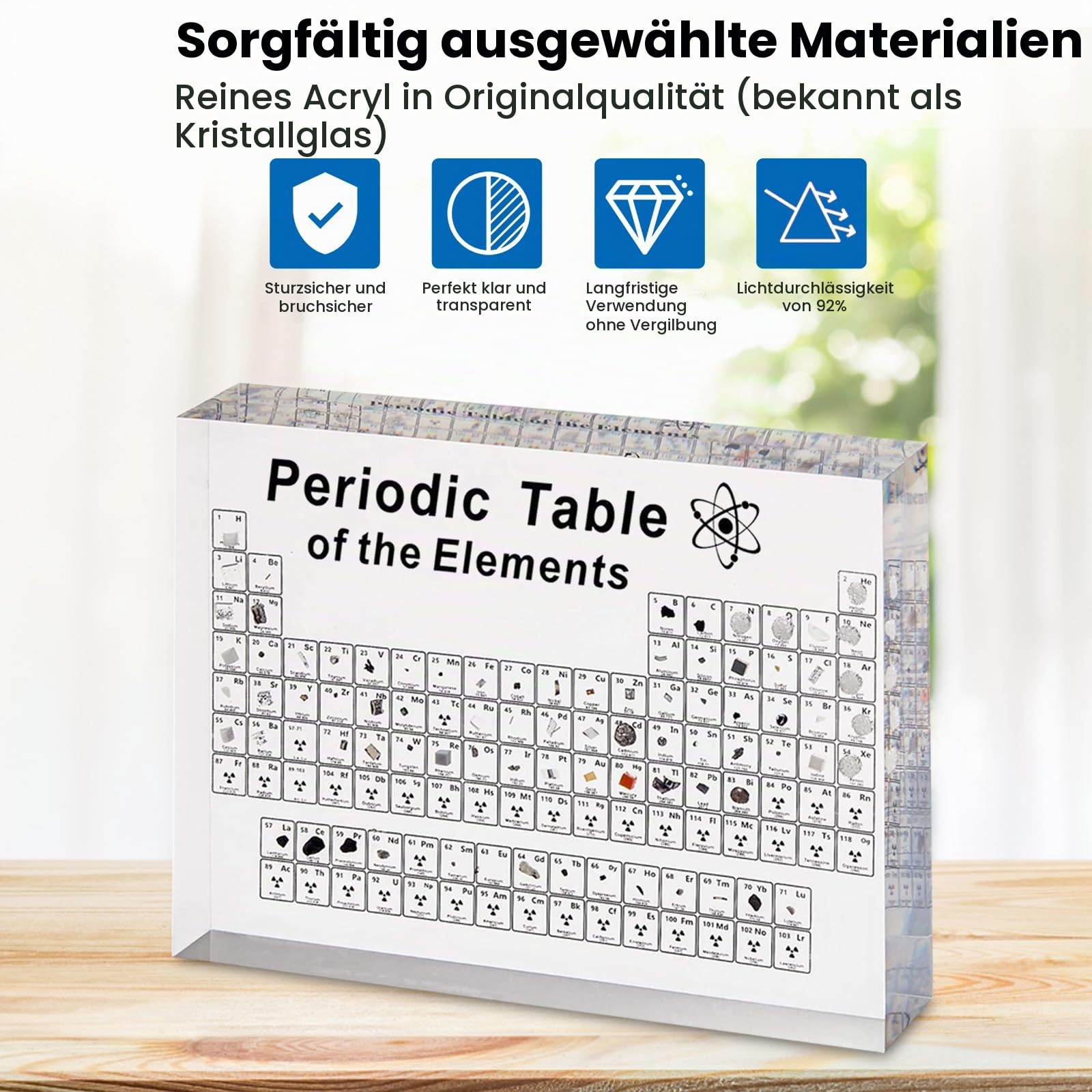 Periodensystem mit Echten Elementen im Inneren, Acryl Periodic Table of 83 Elementen, Proben Periodensystem Display Geschenk für Schüler Lehrer Kinder Studenten Handwerk Dekoration (Größer A)