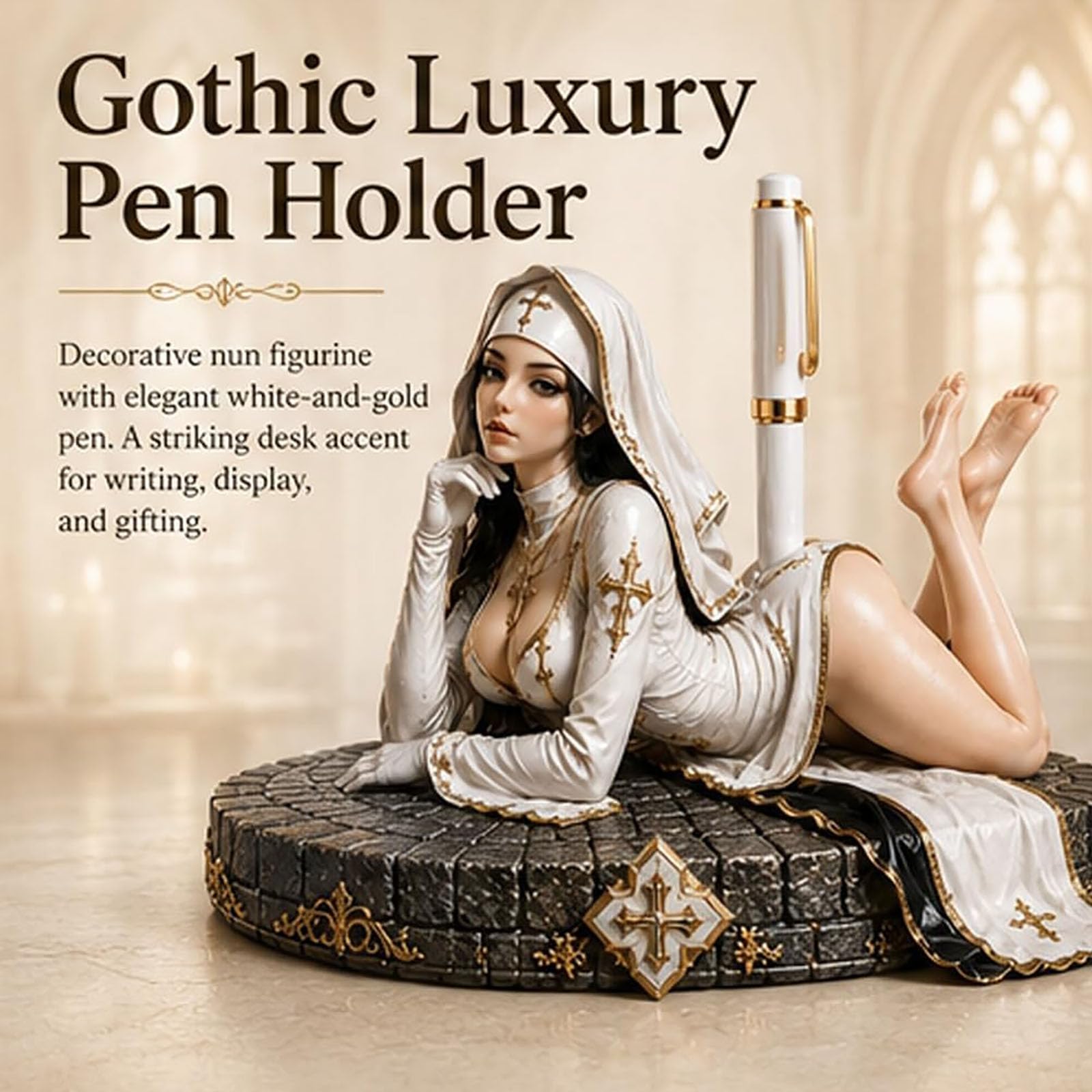 Holy Temptation Gothic-Nonnen-Stifthalter, Dark Academia Schreibtisch-Organizer mit Kreuzdetail, Gothic-Bleistiftbecherhalter, Halloween-Raumdekoration, schwarz-weiße Schreibtischfigur (#A+#B)