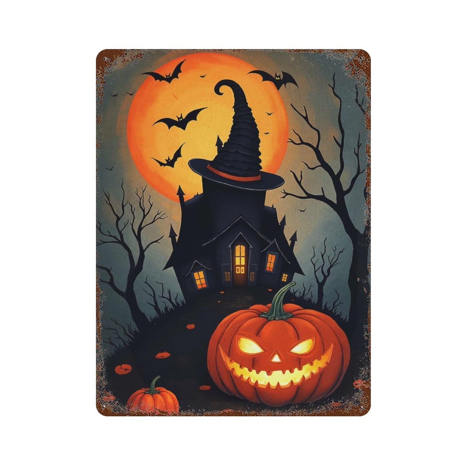 Rustic Tin Plaque Halloween Night Haunted House 15.7"x11.8", Rustic Home Decor for Office, Studio And Wall Decor