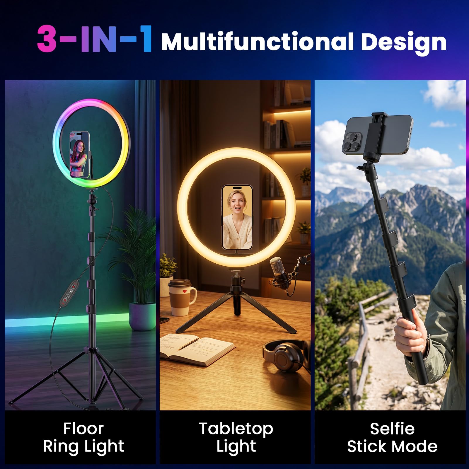 PEYOU Lampa pierścieniowa do selfie 30,5 cm ze statywem i uchwytem na telefon, wysokość 186 cm, lampa pierścieniowa na biurko, 48 kolorów RGB, ulepszona 3 w 1, ściemniana, regulowana prędkość