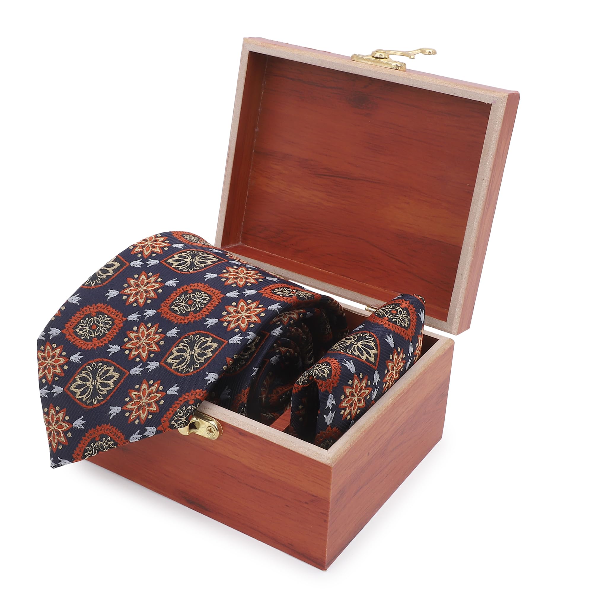 THE DELHI LOOM Men's Imperial Medallion Classic Wide Tie (9 cm) & Pocket Square with Wooden Gift Box | Navy Blue with Rust & Gold Medallion Pattern | Formal, Wedding & Business Wear - Image 6 thumbnail