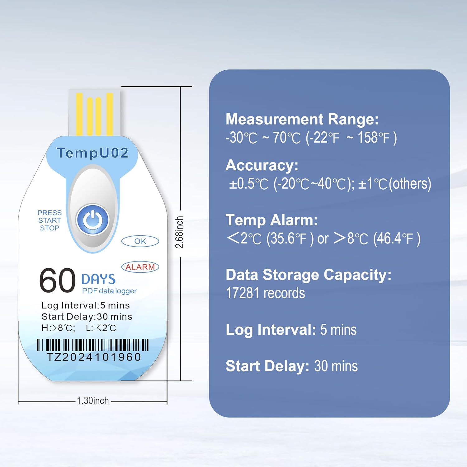 Tzone TempU02 Data Logger with detailed specifications