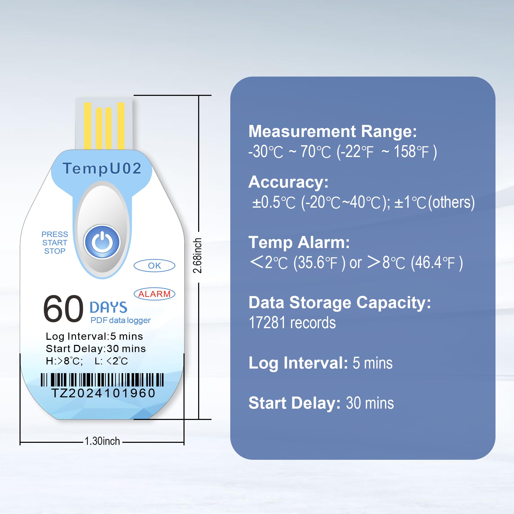 Tzone Registrador de datos de temperatura USB con informe PDF, termómetro registrador de un solo uso, paquete de 10, grabadora de temperatura desechable 60 días en tránsito IP67 impermeable, registro