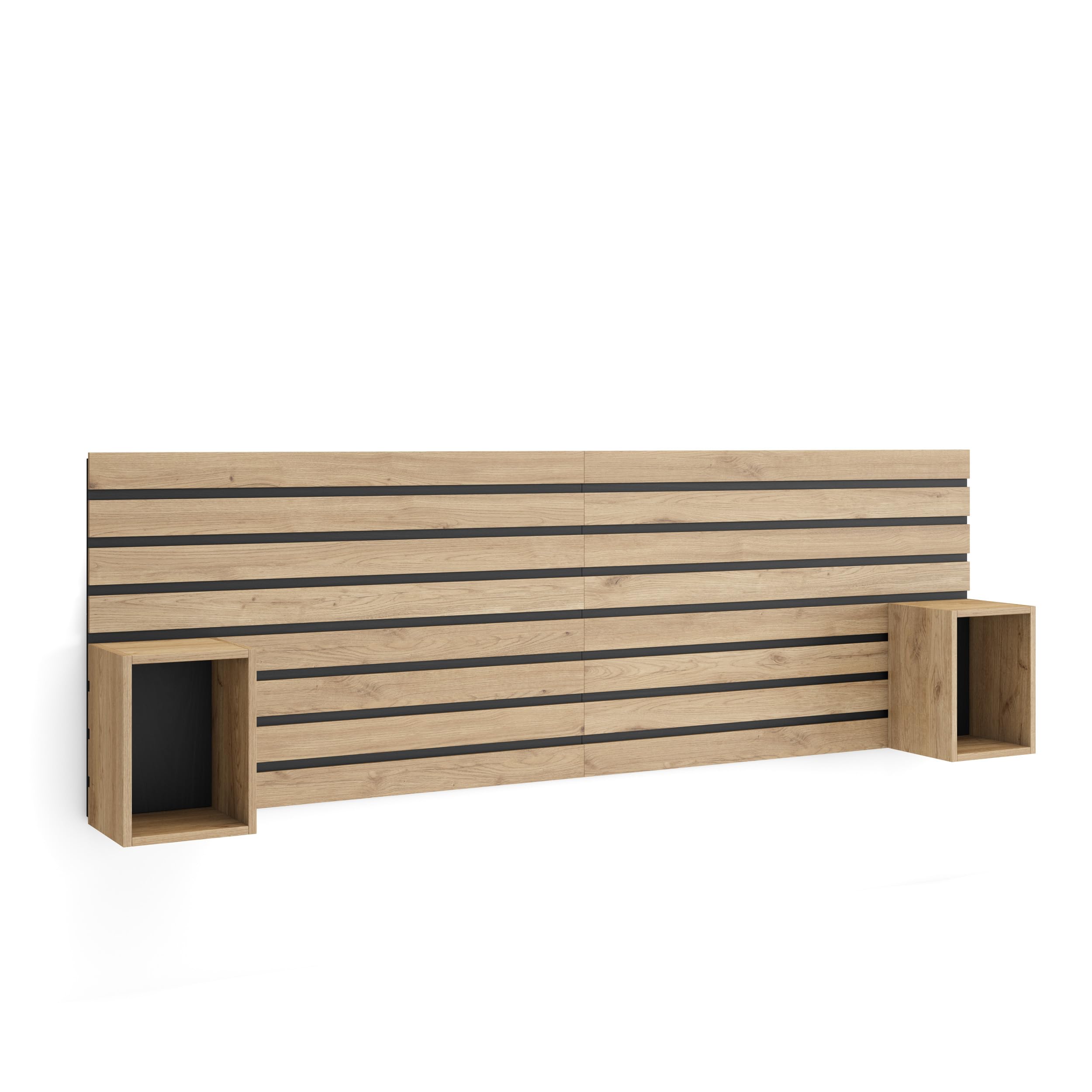 Skraut Home | Cabecero con mesitas | Listones Decorativos | 214x70x3 | Cama de 135,140,150,160 cm | con Almacenamiento | Estilo Moderno | Roble