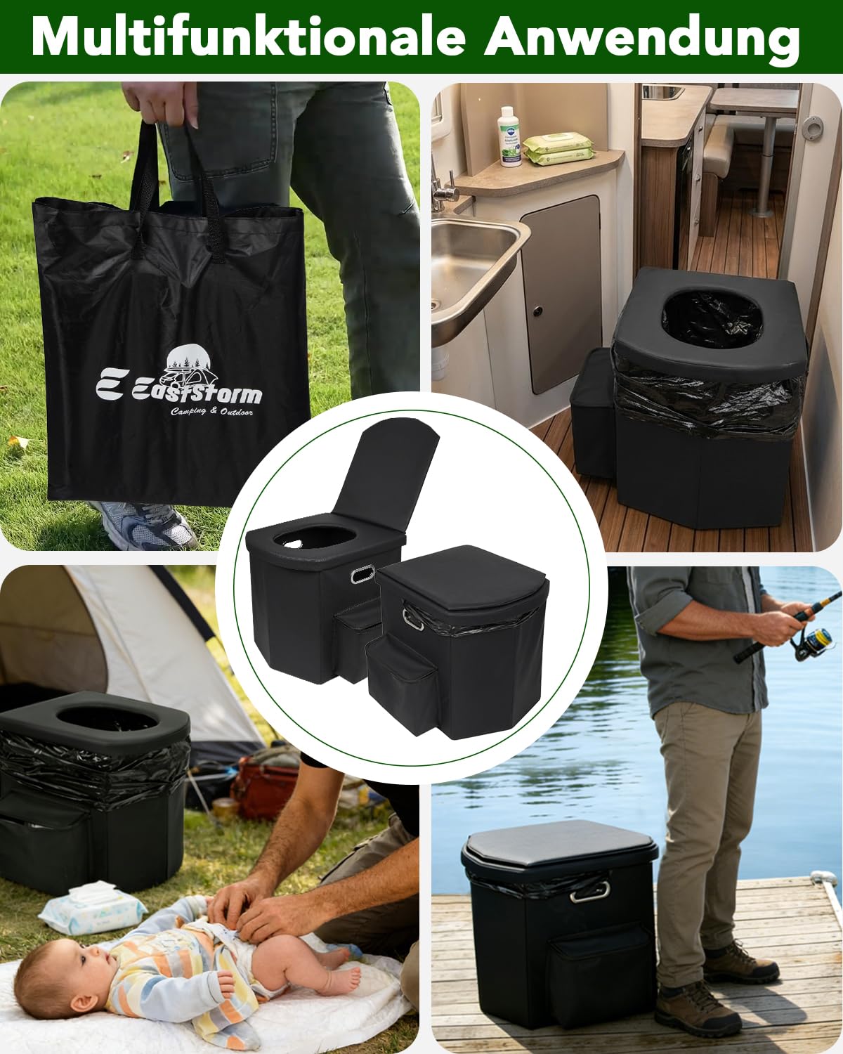 E EASTSTORM Faltbare Campingtoilette, 42 cm Sitzhöhe wie daheim, Notfall toilett für Erwachsene & Kinder, Garten,Angeln,Zelt, Schlafzimmer, Roadtrips, Strand