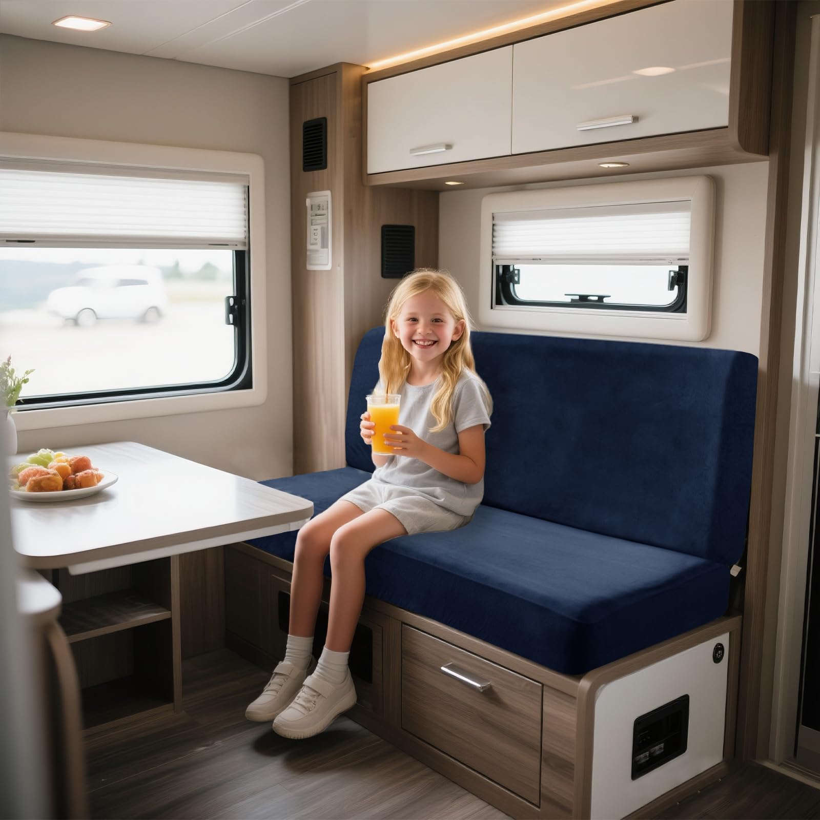 UNBBRRL Elasticizzati Copridivano Camper Velluto, Copri Dinette Camper Set (2pcs), RV Panca/auto/caravan/cuscino Divano Copertura Con 4 Cinghie (blu,Rettangolo-M)