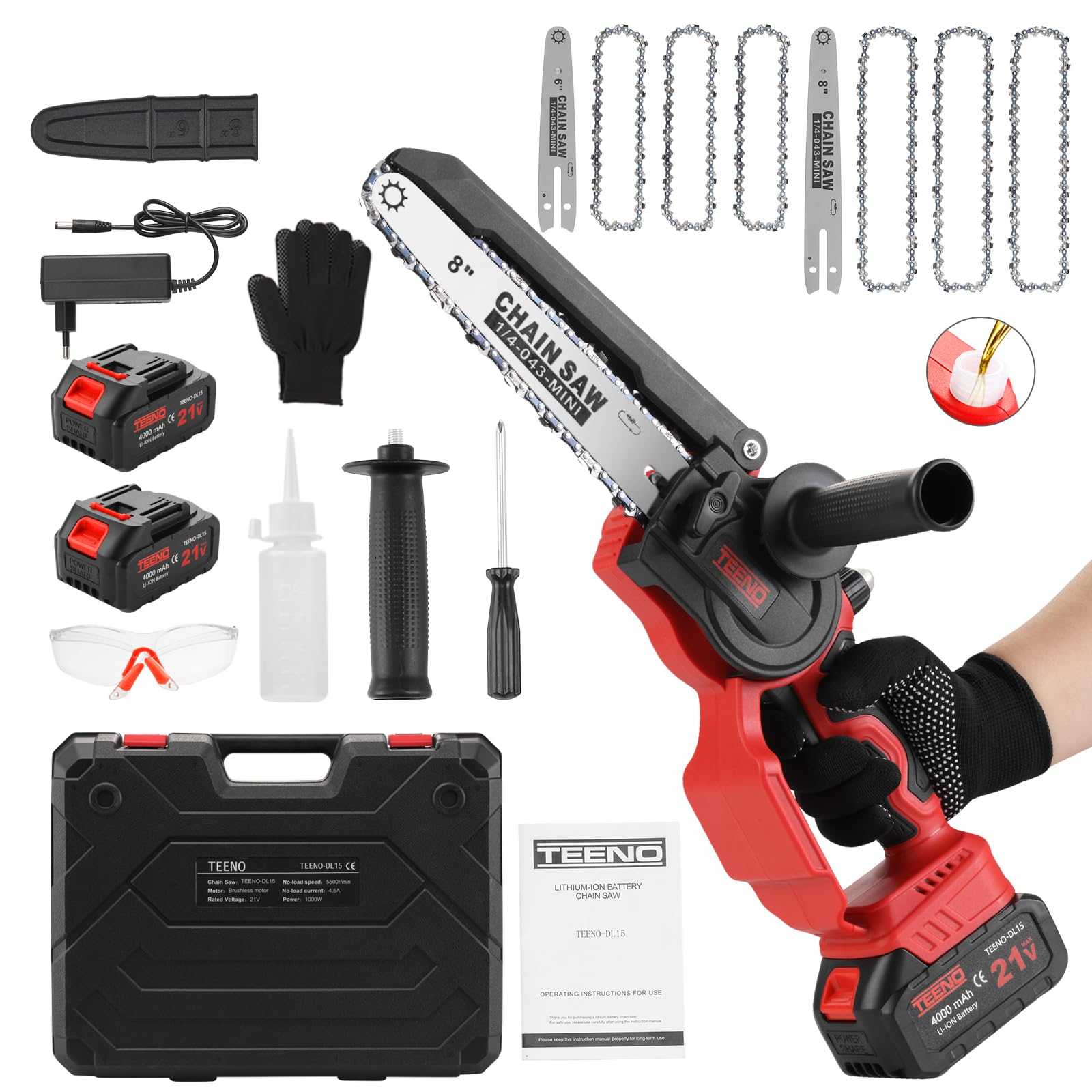 TEENO Motosega a Batteria, 1000W Mini Motosega Elettrica 6&8 Pollici 2-in-1, Kit con 6 Catene (3×6"+3×8"), Motore Senza Spazzole, 2×4000mAh, 5500 RPM, Leggero per Giardinaggio, Potatura, Legna