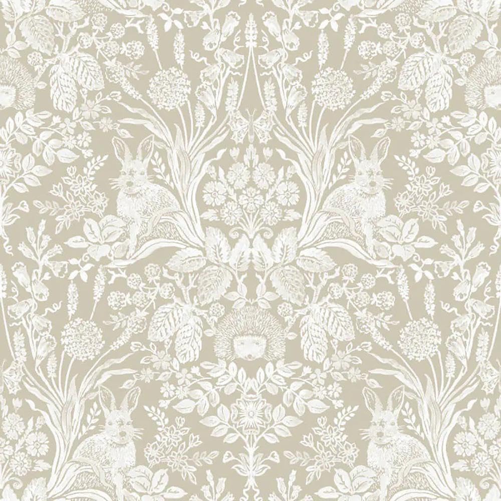 Yöl Beige Harlen Wallpaper - Floral Flowers Leaves Naturistic Botanical Hedgehog Rabbit - Bedroom Feature Wall