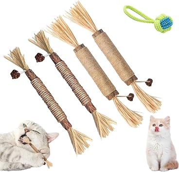 Natural Silvervine Dental Sticks, Silvervine Sticks for Cats, Interactive Cat Chew Stick for Teeth Cleaning & Calm Stress, for Indoor Kitty Fresh Breath A+B-4pcs