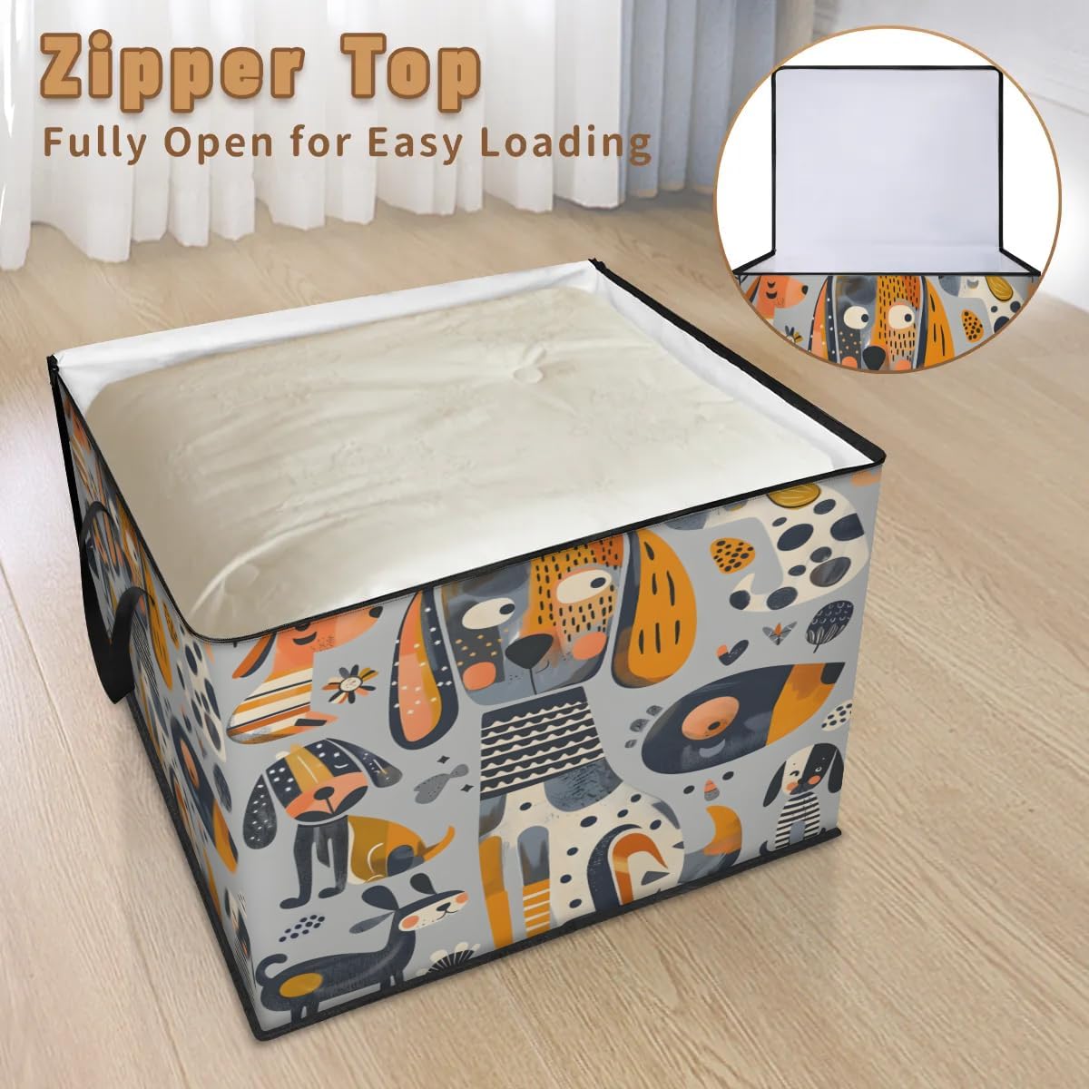 Honeybaby 214L Extra Large Comforter Storage Bag Geometric Cartoon Dog Storage Totes with Lids Waterproof Closet Organizer Folding Blanket Storage Bags for Clothes Bedding Pillows