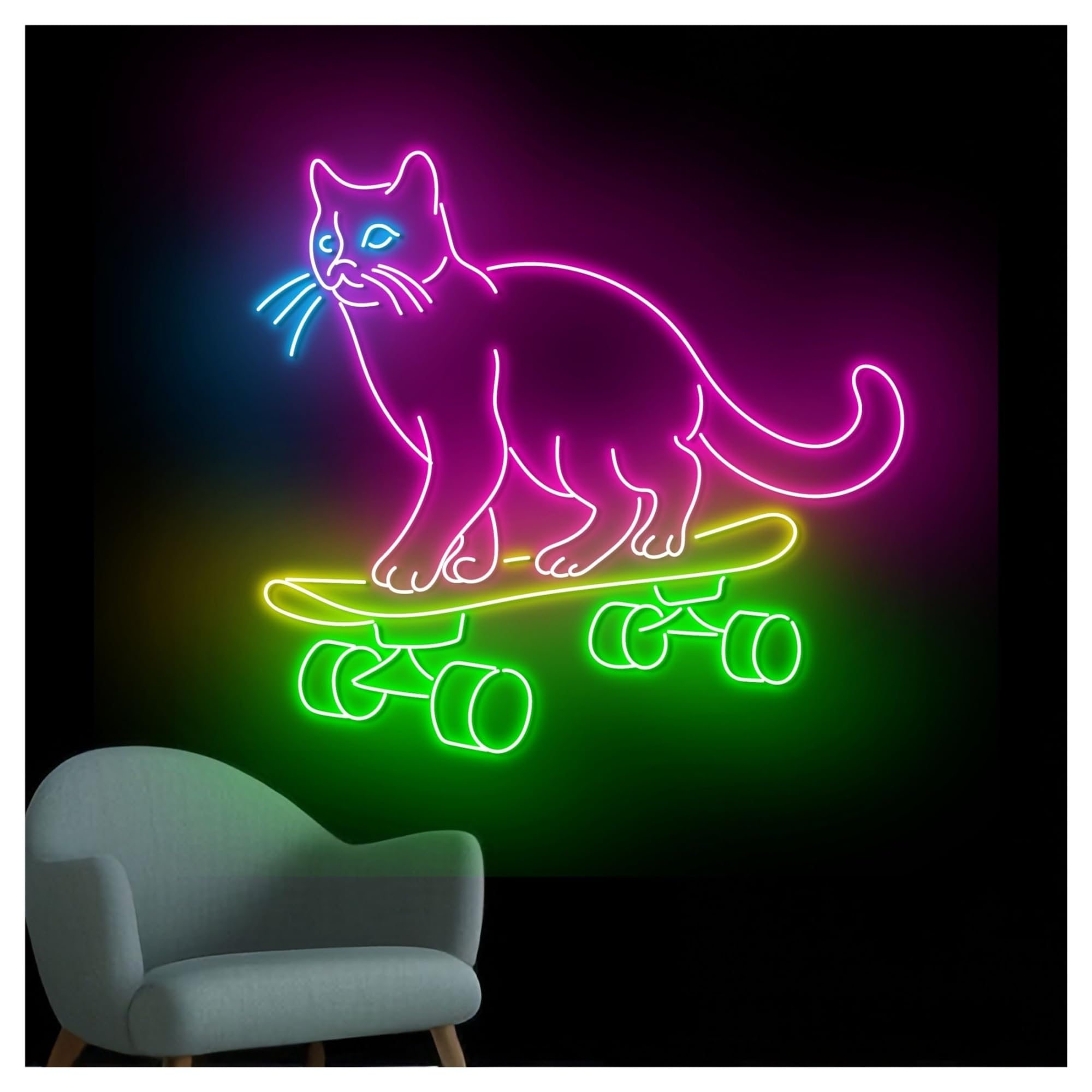 Luces de neón Letrero De Neón Con Diseño Gato Patinando, Luz LED Para Habitación, Decoración Del Hogar, Sala Juegos, Dormitorio, Bar, 63cm