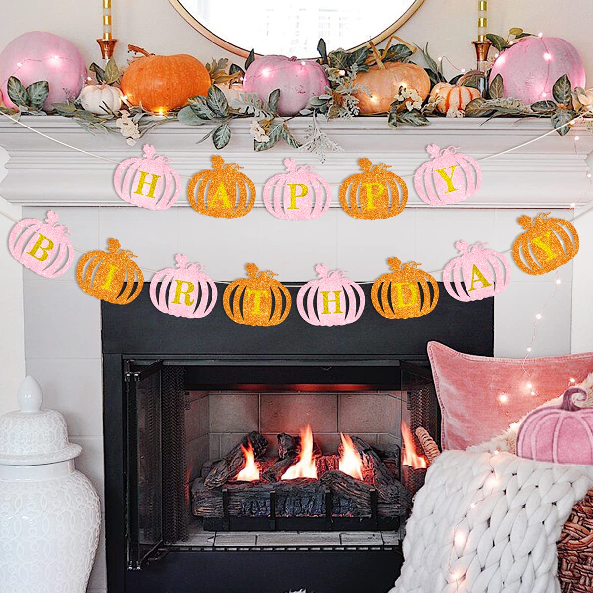 Pink & Orange Glitter Pumpkin Happy Birthday Banner - Fall Themed Party Decor For Girls - View #11