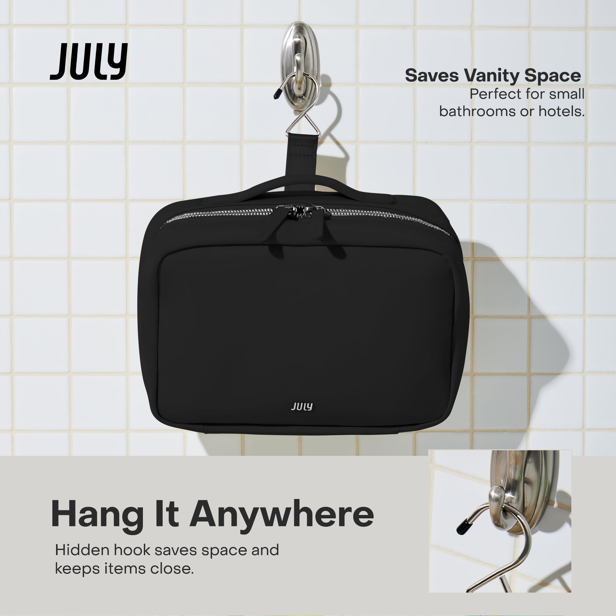 July Kulturbeutel zum Aufhängen mit verstecktem Haken, transparente und auslaufsichere PVC-Tasche, Zahnbürstenlasche, wasserabweisendes Nylon und Lederbesätze – Reiseutensilien-Tasche