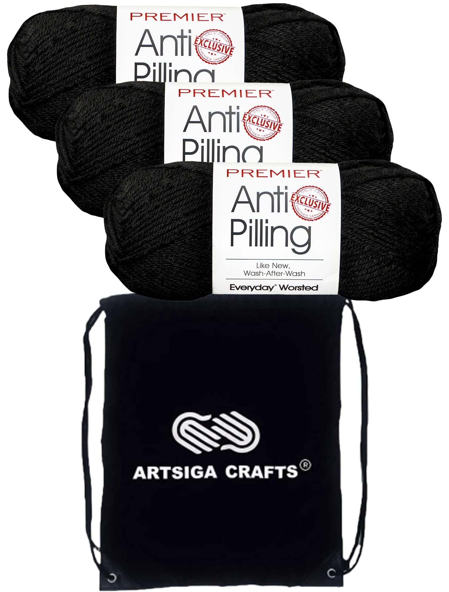 Fil à tricoter Premier lot de 3 pelotes Dn100-12-black et sac ArtSiga