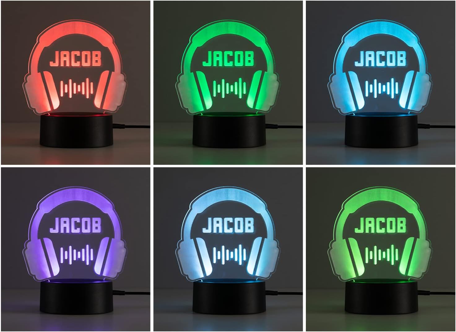 Personalized Planet Headphones Multicolor LED Night Light with Custom Name Laser Engraved on Acrylic Design Insert | Base Projects 7 RGB Colors | Includes USB Power Cable, 5.5x8.5