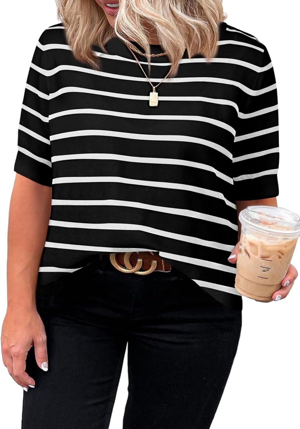 Eytino Women Plus Size Sweater Tops Short Sleeve Crewneck Striped Tshirts Casual Summer Blouses Shirts(1X-5X)