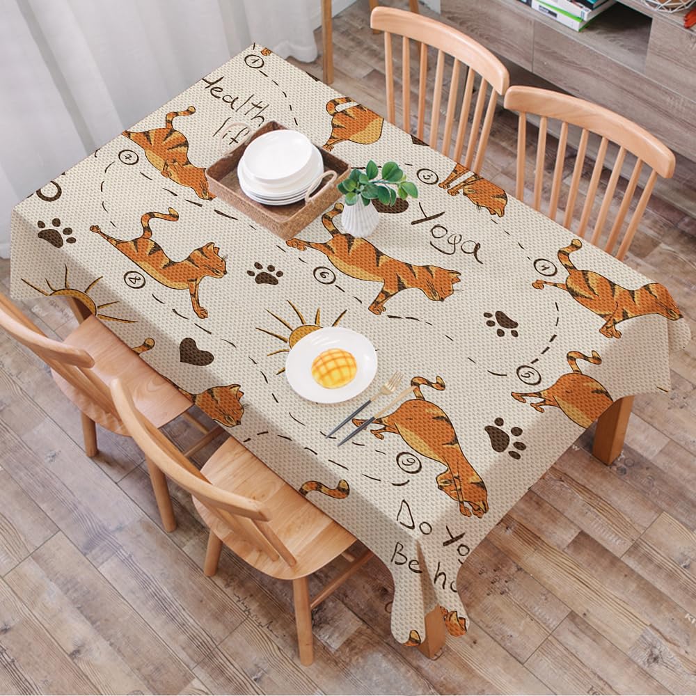 DALEXHM Table Cloth Wipe Clean Rectangular, wipeable tablecloths,Dining Table Cover for Kitchen Outdoor Garden Table,Cat yoga theme, various cats practicing yoga repetitive patterns, and sun,54x72 in