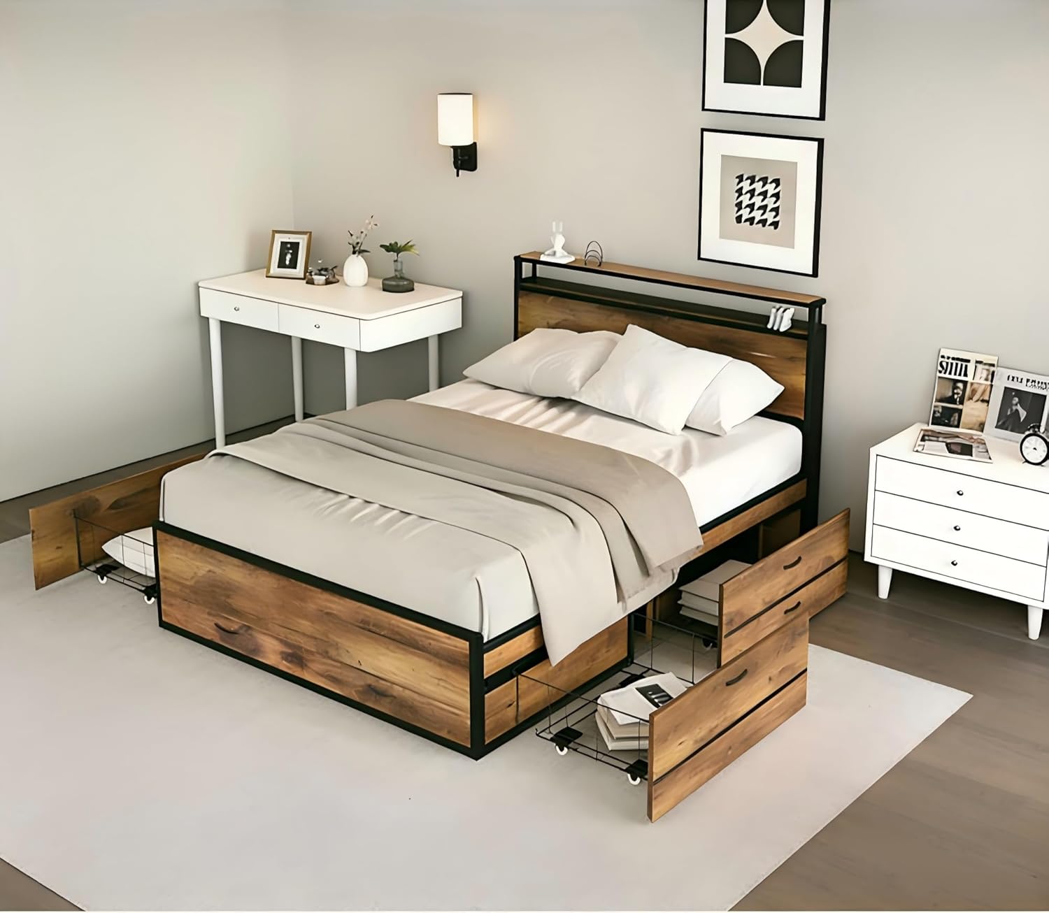 Bellemave Queen Size Platform Bed Frame with 8 Drawers, LED Headboard & Charging Station, Metal Queen Bed Frame with Storage, Noise-Free, Brown