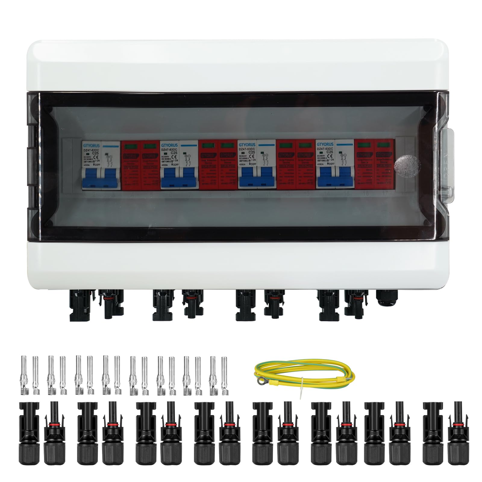 Boîte Photovoltaïque,DC überspannungsschutz PV Solar Trennschalter mit Solarstecker 4 String 500V Photovoltaik DC Leitungsschutzschalter Blitzschutz Erdung für PV Anlage(4 in 4 out,25A)