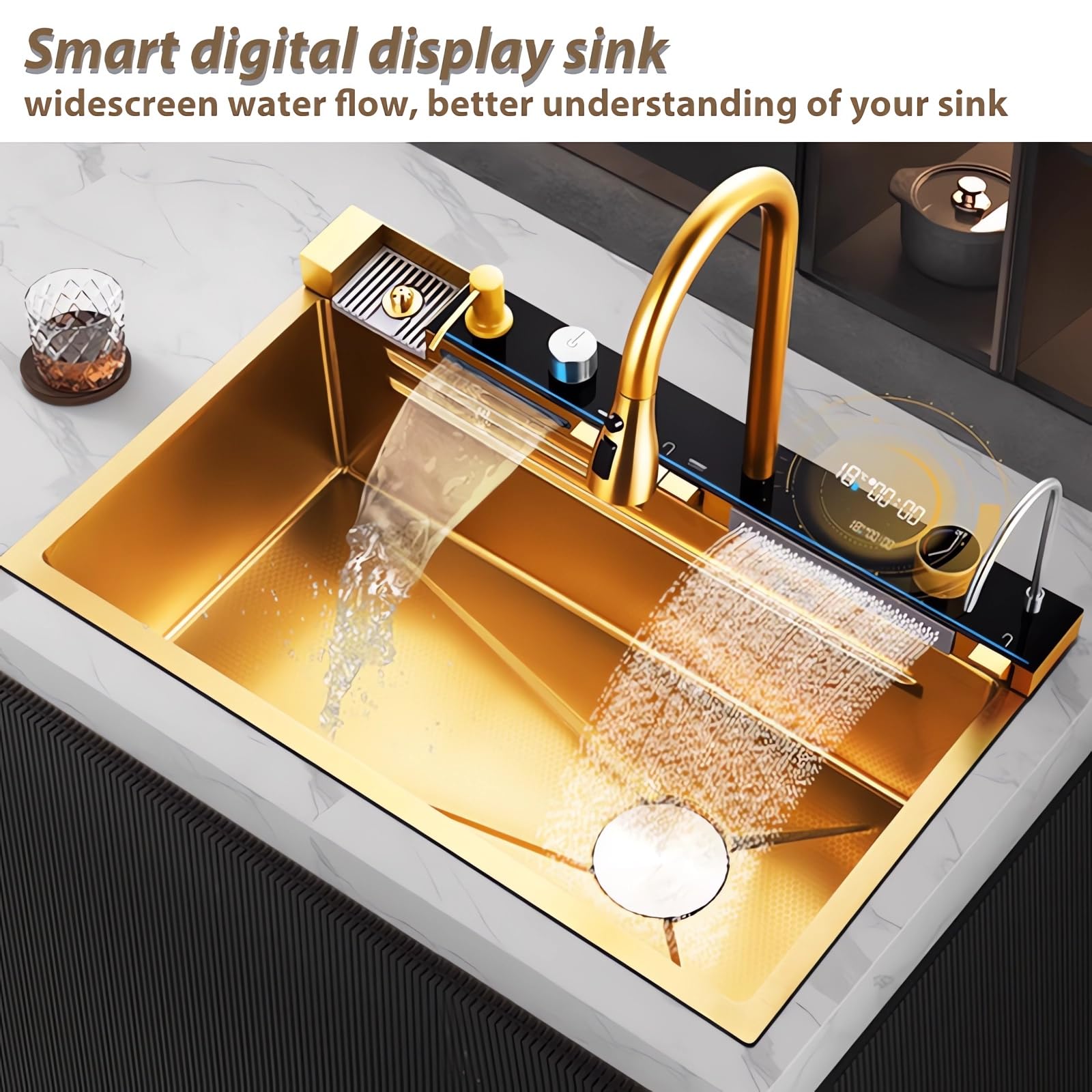 Fregadero viral multifuncional 80x45 CM, Fregadero inteligente cascada, Fregadero con escurridor cocina, Un lavatorio de cocina adecuado para la cocina y el restaurante (oro, 80X45CM)