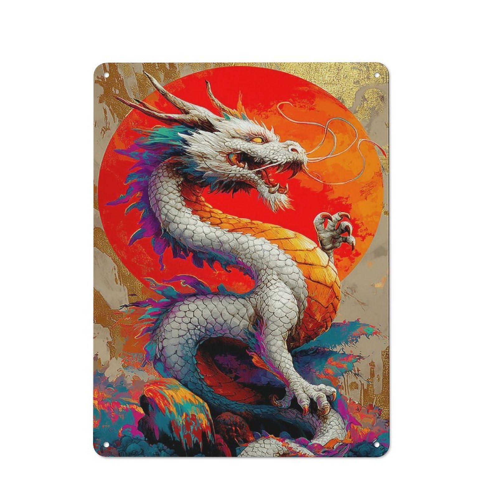 Junmoney Colorful Dragon Sunset Artwork For Hobby Room Or Studio, Retro-Style Tin Sign 40X30cm, For Room Styling Across Hobby Rooms And Studios