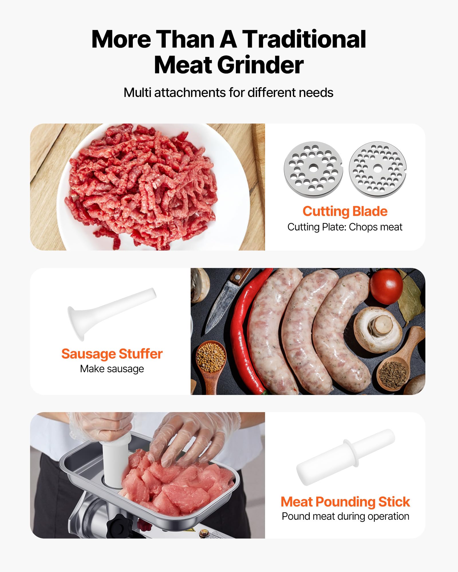 VEVOR Hachoir à viande électrique, capacité de 2,49 kg/min, poussoir à saucisses industriel de comptoir avec lame, plaque de broyage, hachoir commercial en acier inoxydable pour cuisine et restaurant