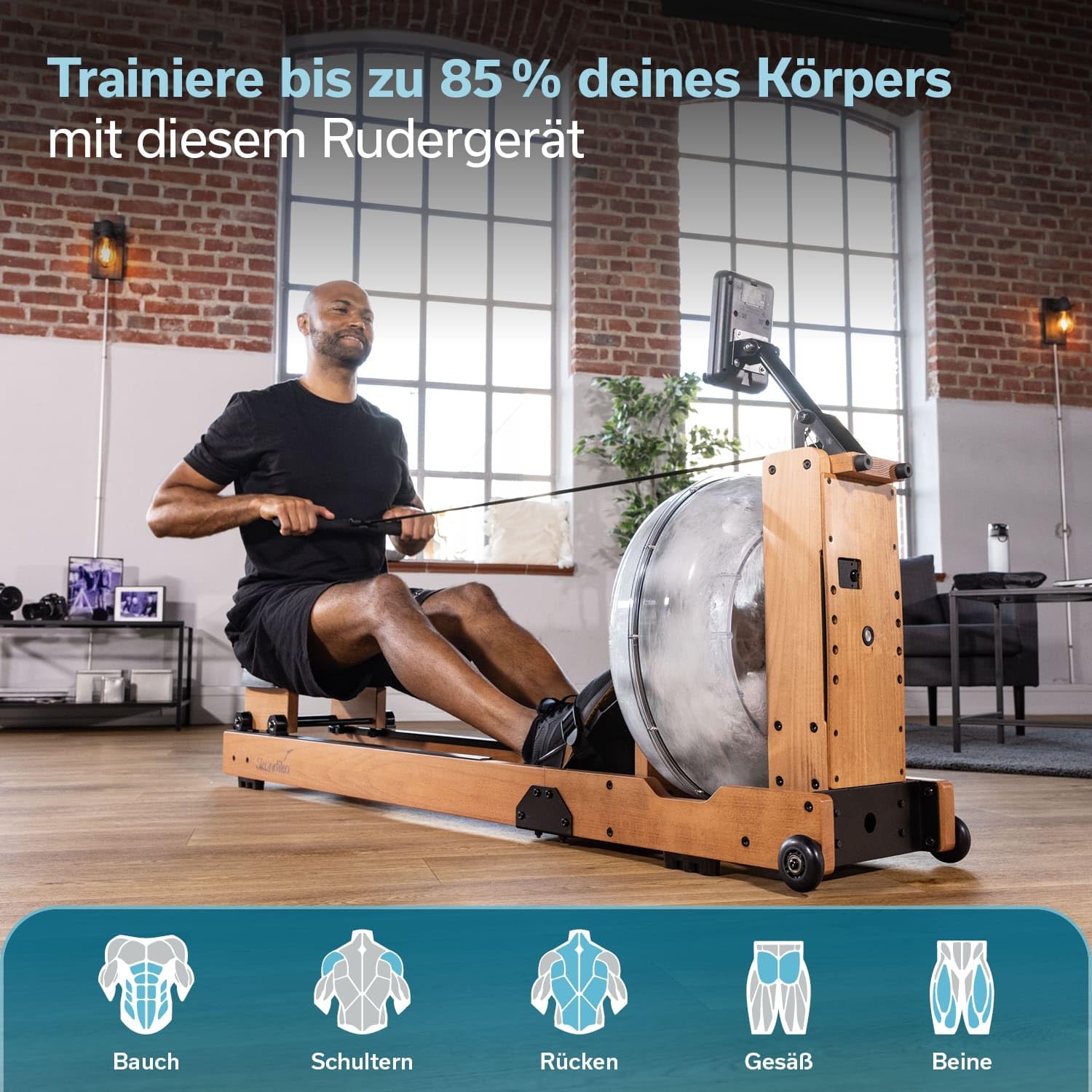 Skandika Rudergerät Wasser aus Holz Lykke | Wasser Rudergerät für Zuhause, 45% mehr Widerstand mit 90° Tank, aus massiver europäischer Buche, Kinomap App kompatibel, Wasserrudergerät platzsparend