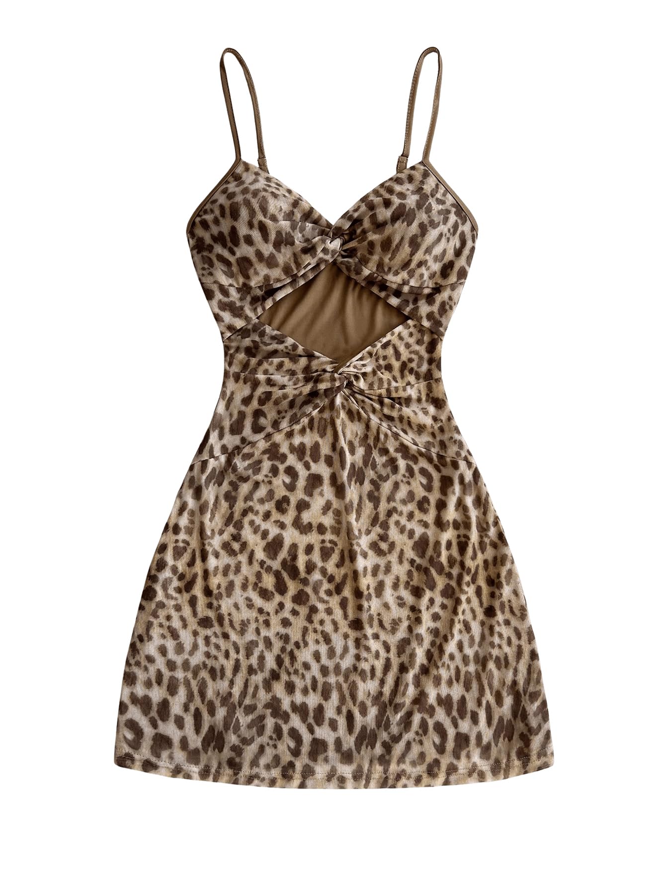 MakeMeChic Women's Mesh Leopard Print Cami Dress V Neck Twist Spaghetti Strap Cut Out Mini Dresses