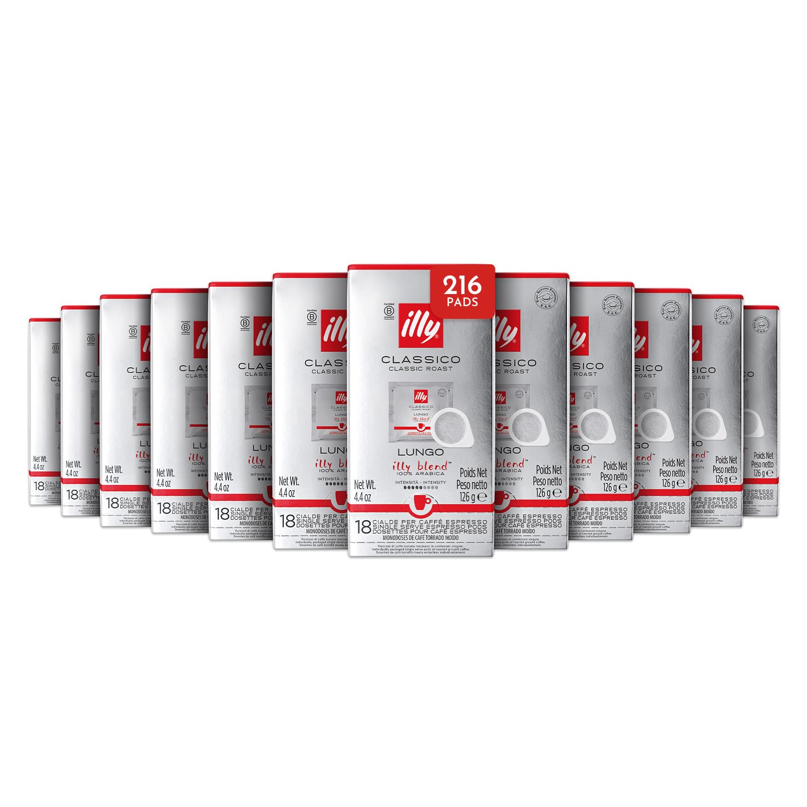 illy, Kaffee in E.S.E. Pads CLASSICO Lungo, 216 kompostierbare Pads | 100% Arabica mit Noten von Orangenblüte und Jasmin, Samtiger Geschmack und Süßer Nachklang, 12 Packungen mit 18