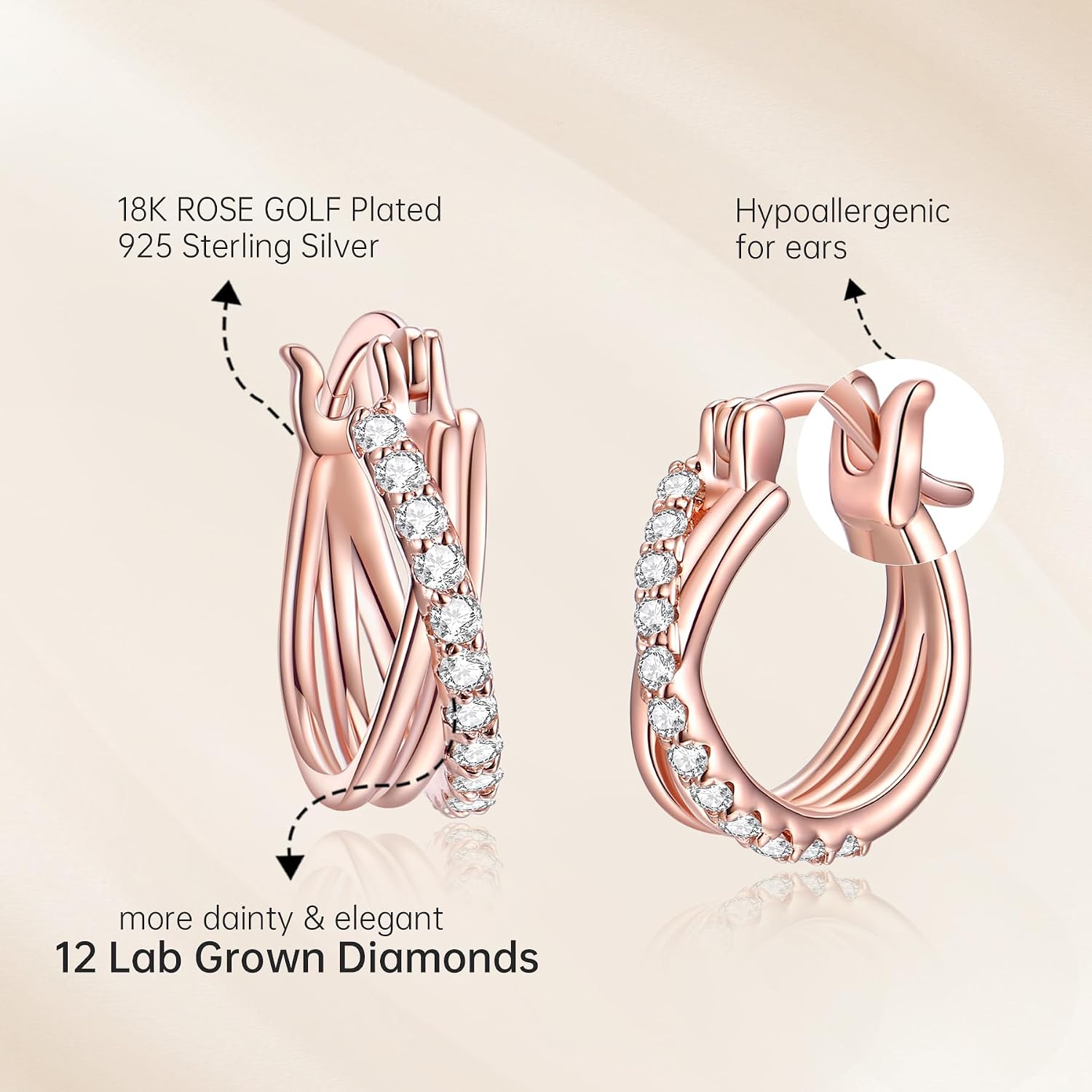 Lab Grown Diamond Hoop Earrings for Women, 18K Rose Gold Plated 925 Sterling Silver Dainty Hoops, Fine Jewelry, 0.4 Carat Total Lab Grown Diamonds Weight (D-F Color, VVS-VS Clarity)